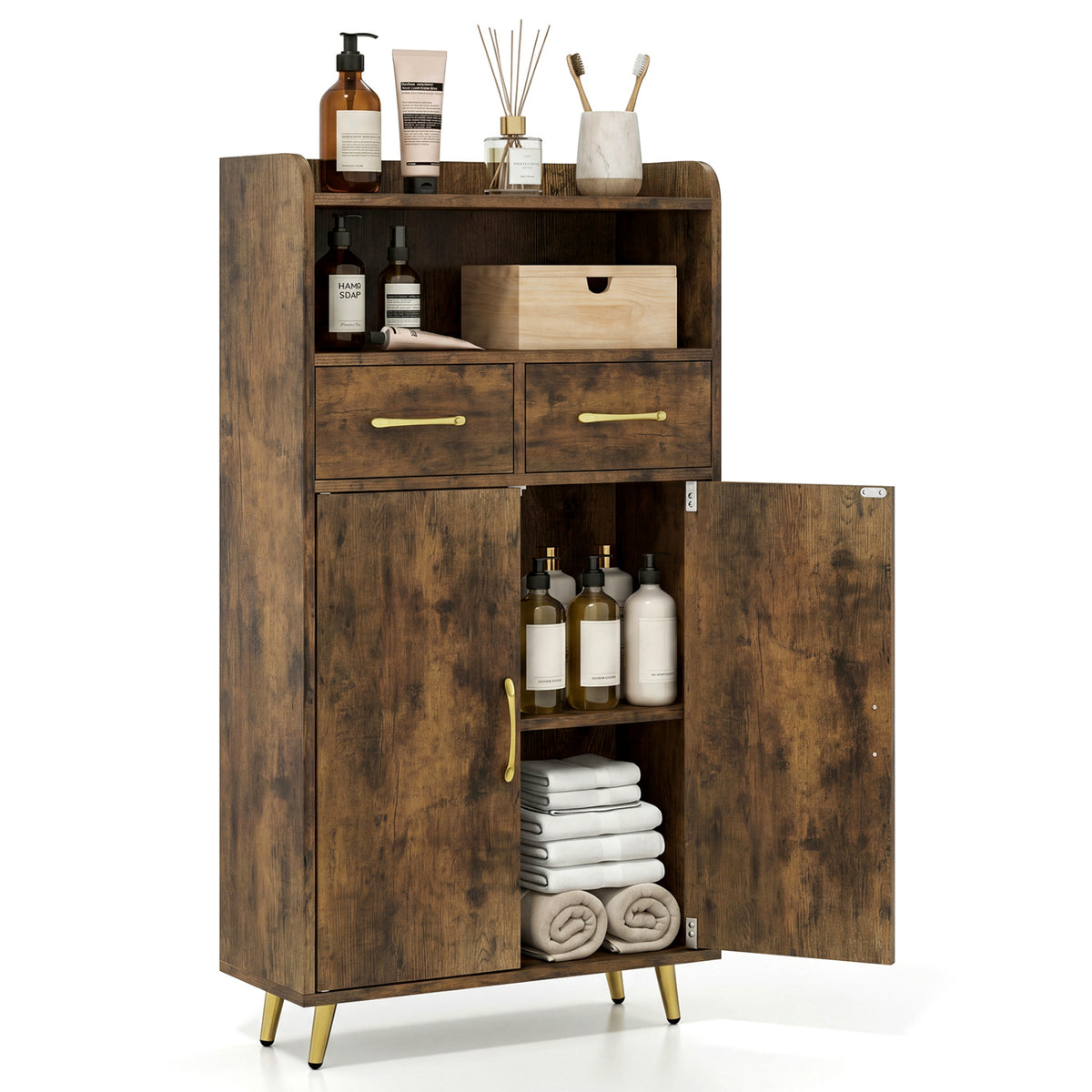 Bathroom Storage Cabinet Freestanding Floor Cabinet with 2 Drawers and 2 Doors-Rustic Brown