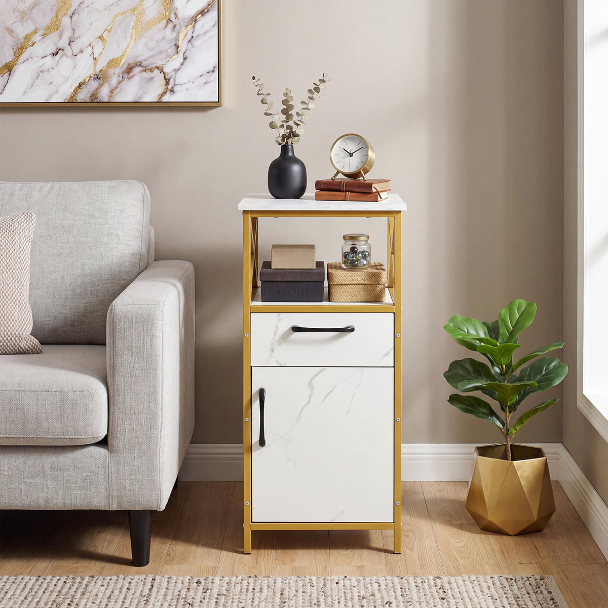 Bathroom Storage Cabinet with Drawer Single Door and Open Shelf-White