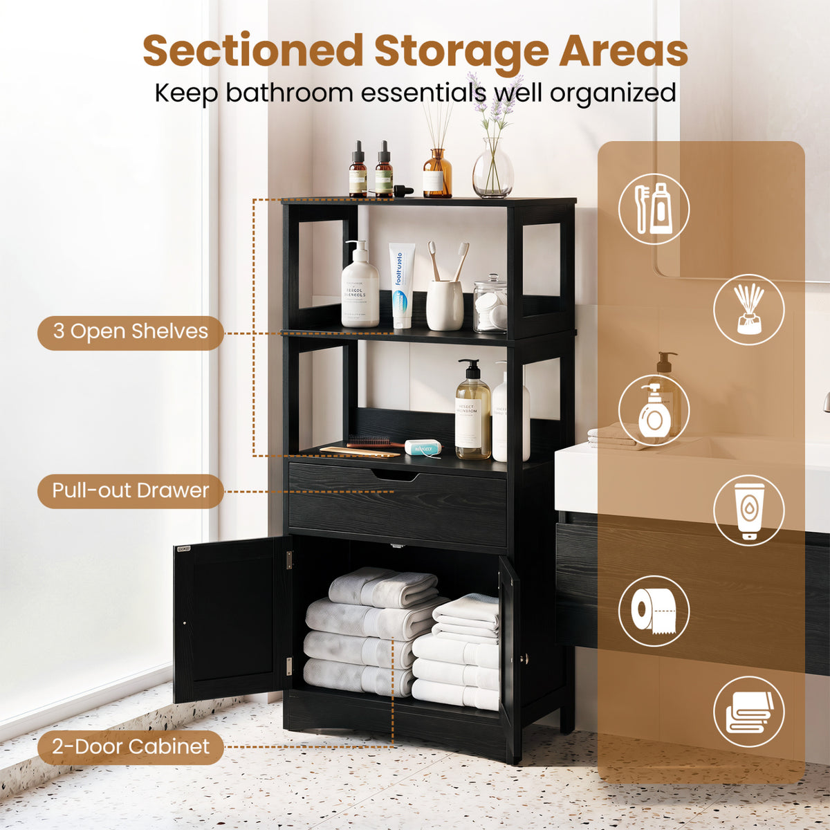 Bathroom Storage Cabinet with Open Shelves and Drawer-Black