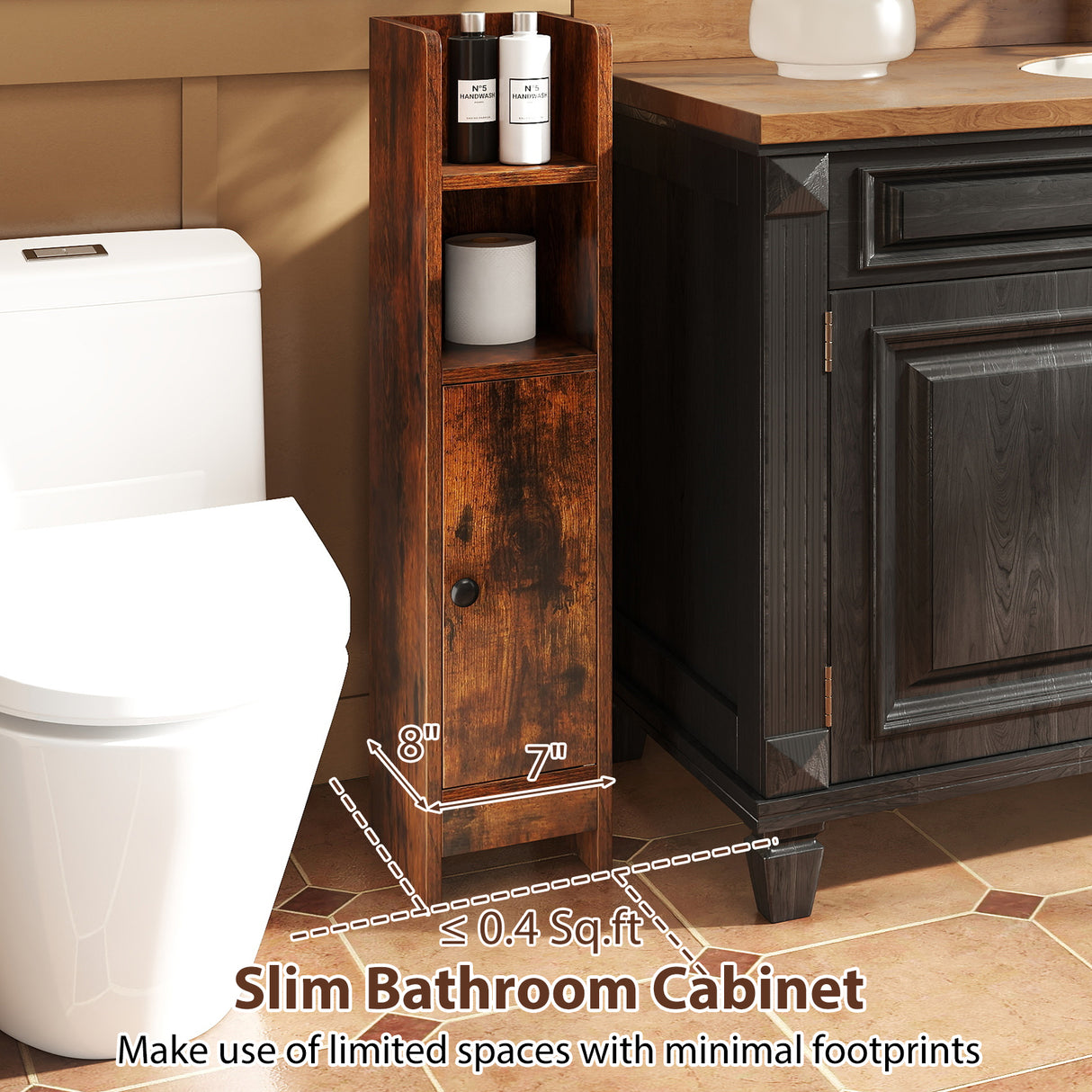 Bathroom Slim Cabinet Corner with Door and Adjustable Shelf-Rustic Brown