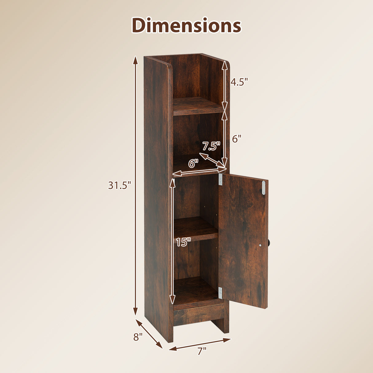 Bathroom Slim Cabinet Corner with Door and Adjustable Shelf-Rustic Brown