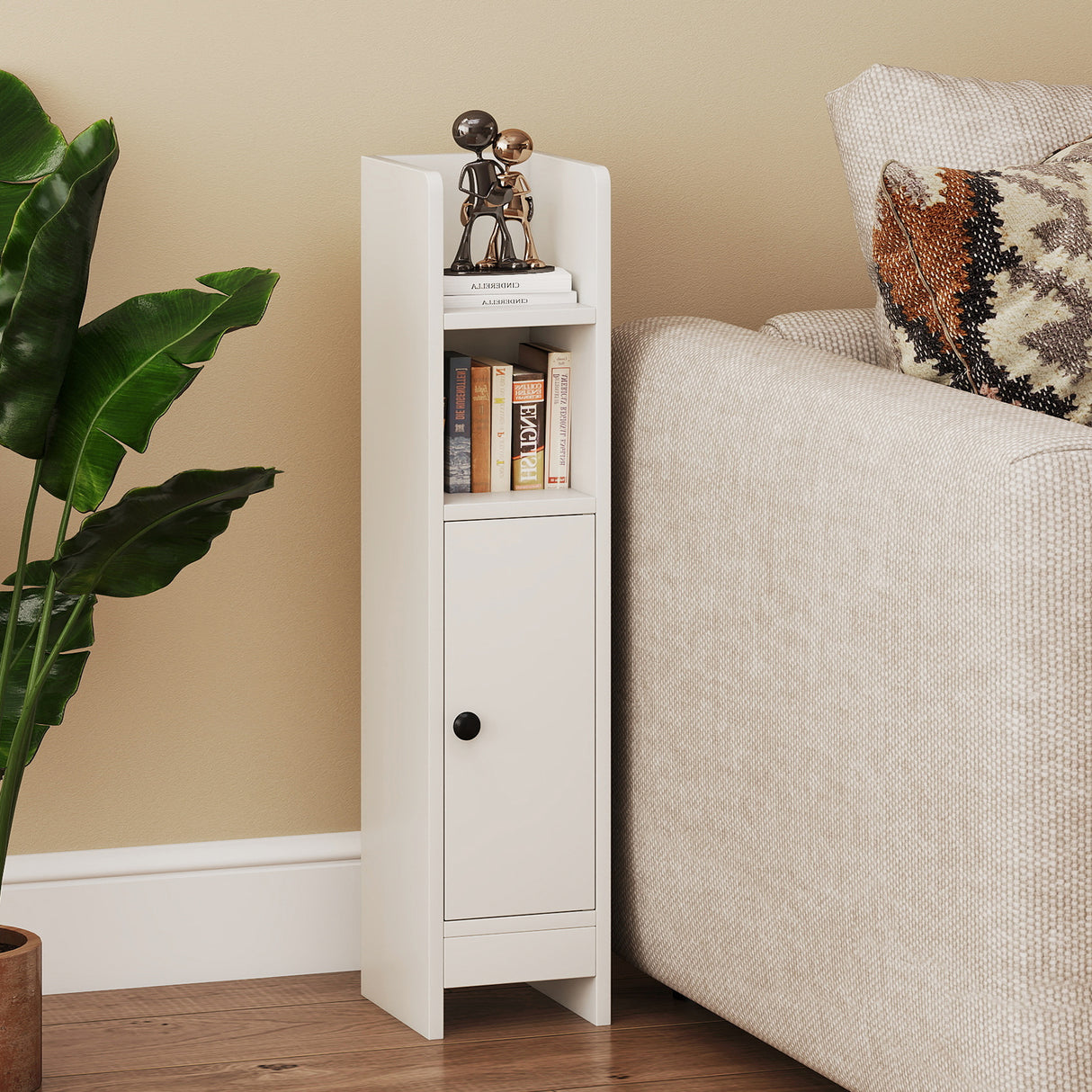 Bathroom Slim Cabinet Corner with Door and Adjustable Shelf-White