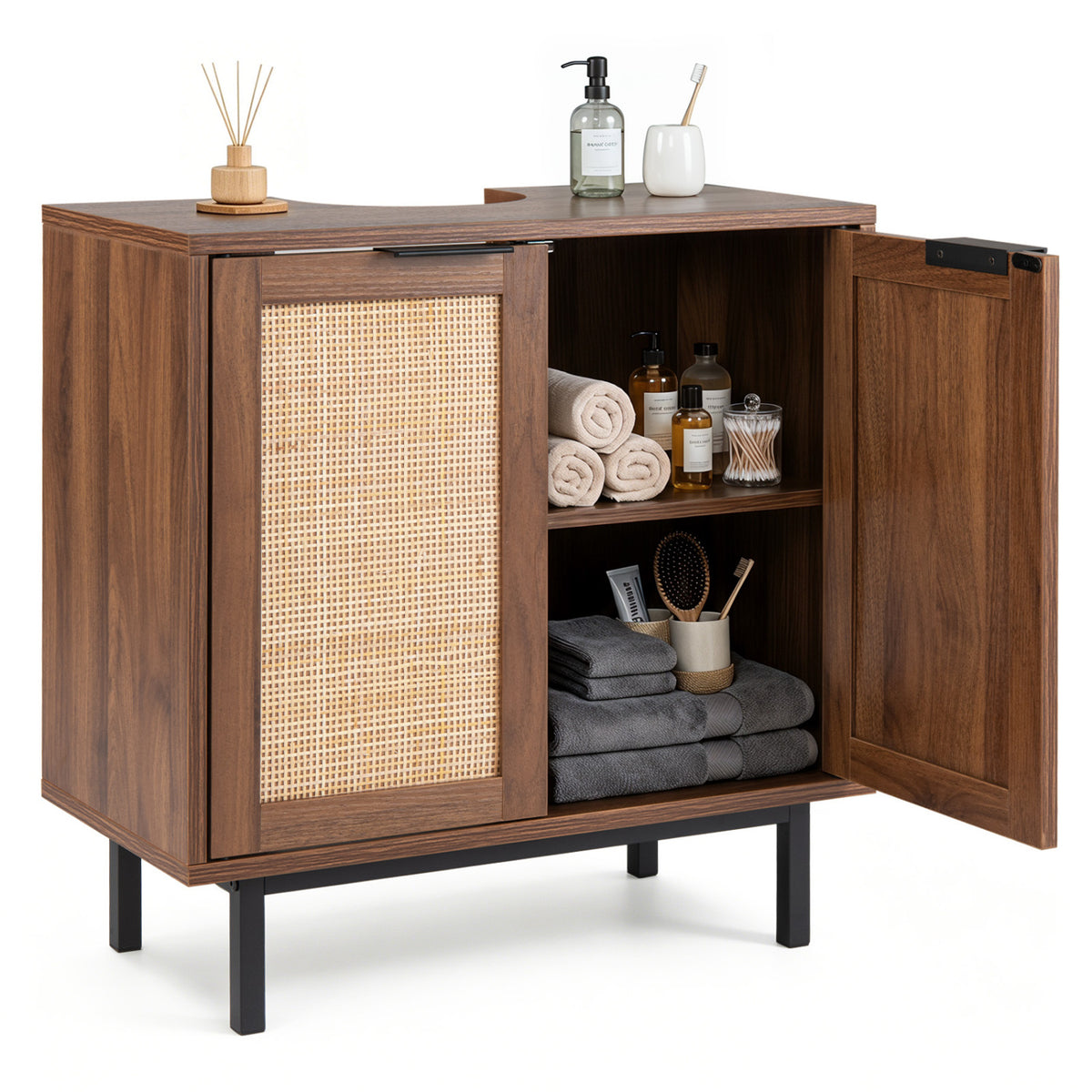 Bathroom Vanity Cabinet with U-Shaped Cut-Out 2 Rattan Doors and Shelf-Brown