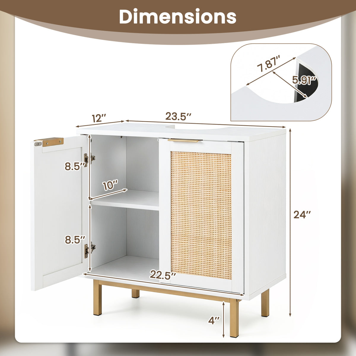 Bathroom Vanity Cabinet with U-Shaped Cut-Out 2 Rattan Doors and Shelf-White