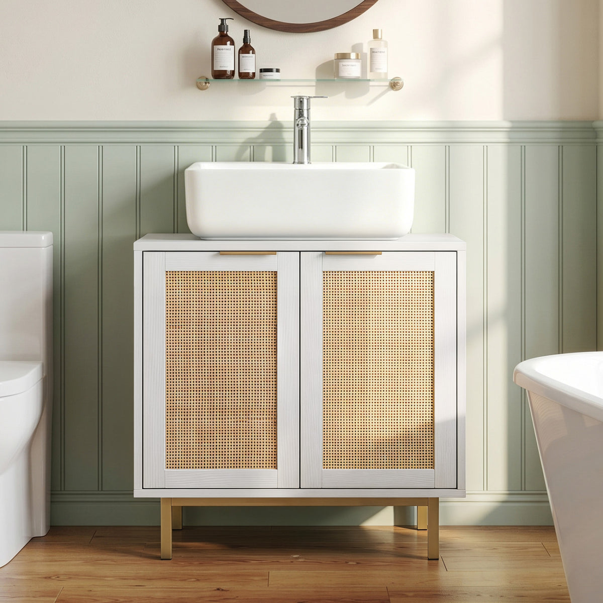 Bathroom Vanity Cabinet with U-Shaped Cut-Out 2 Rattan Doors and Shelf-White
