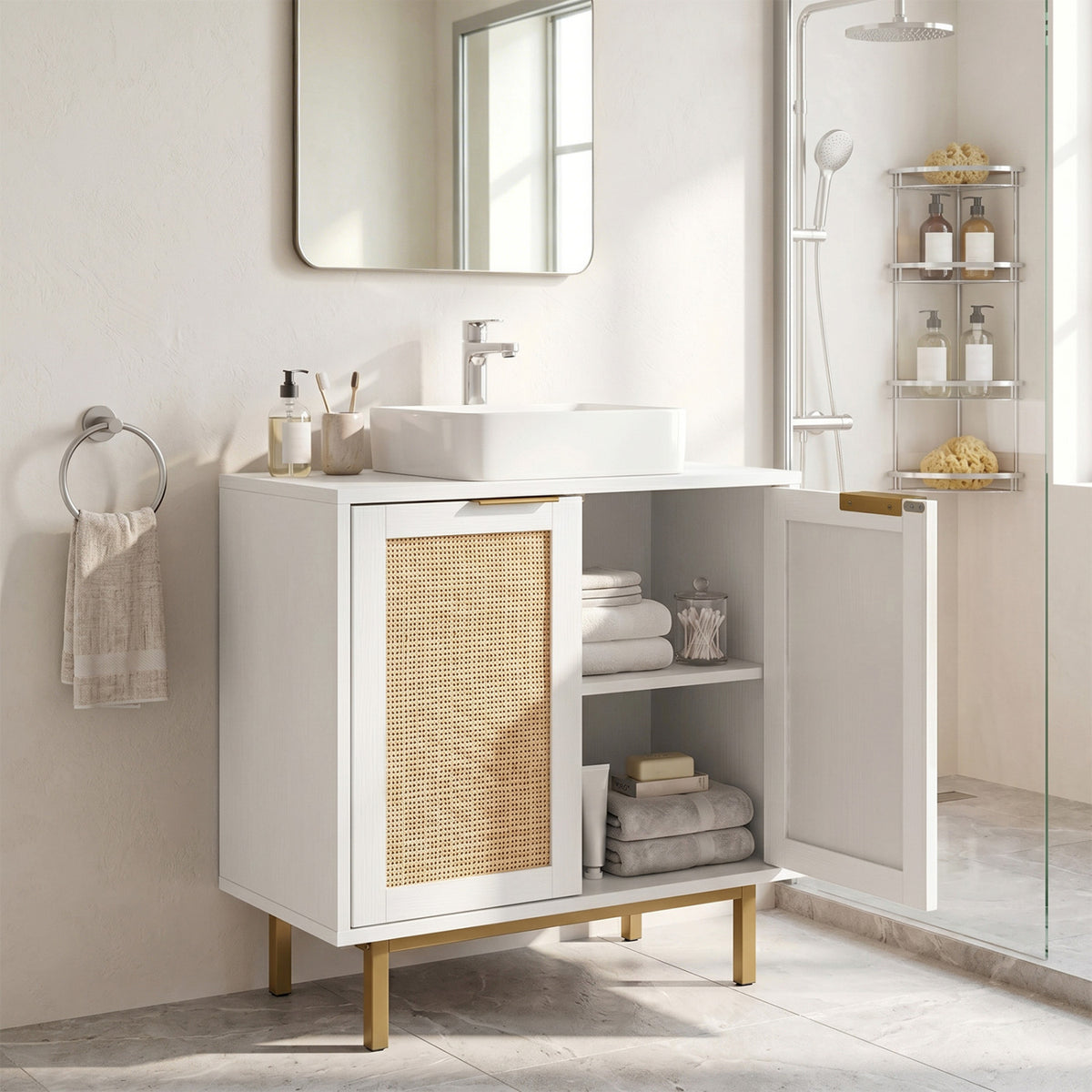 Bathroom Vanity Cabinet with U-Shaped Cut-Out 2 Rattan Doors and Shelf-White