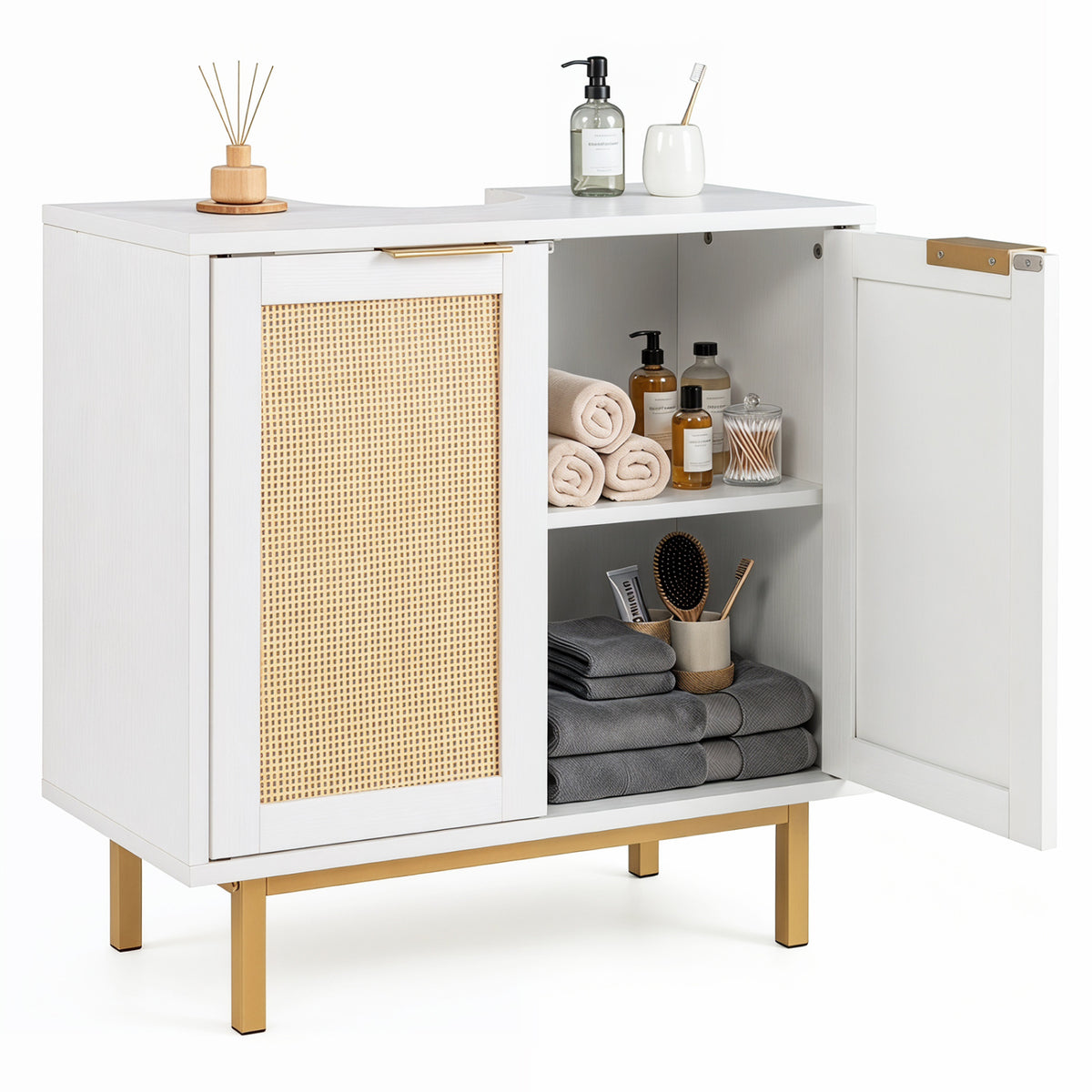 Bathroom Vanity Cabinet with U-Shaped Cut-Out 2 Rattan Doors and Shelf-White