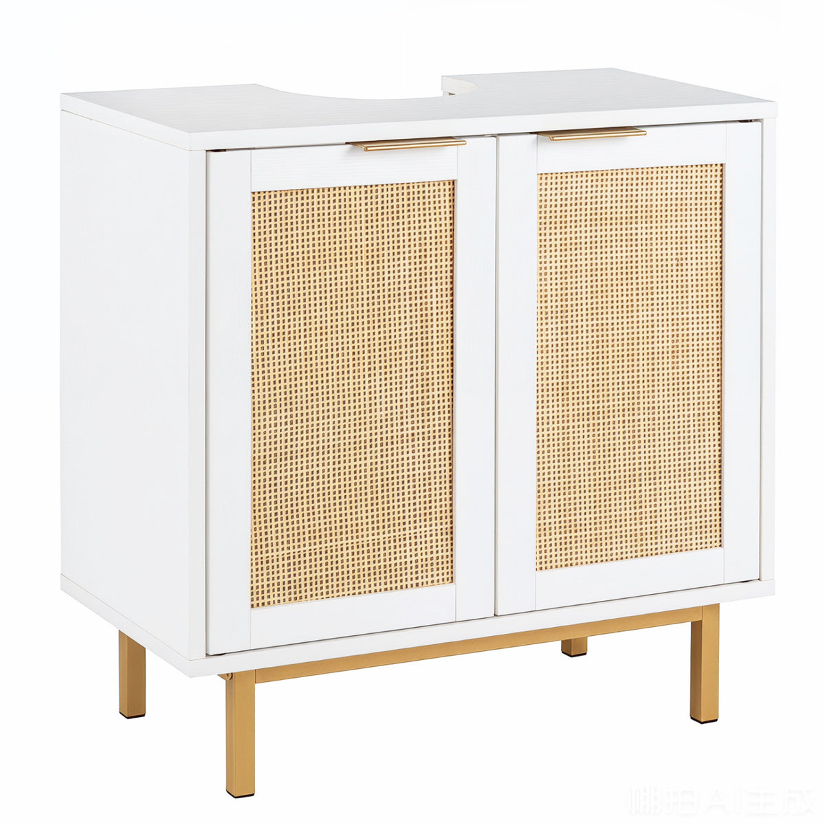Bathroom Vanity Cabinet with U-Shaped Cut-Out 2 Rattan Doors and Shelf-White