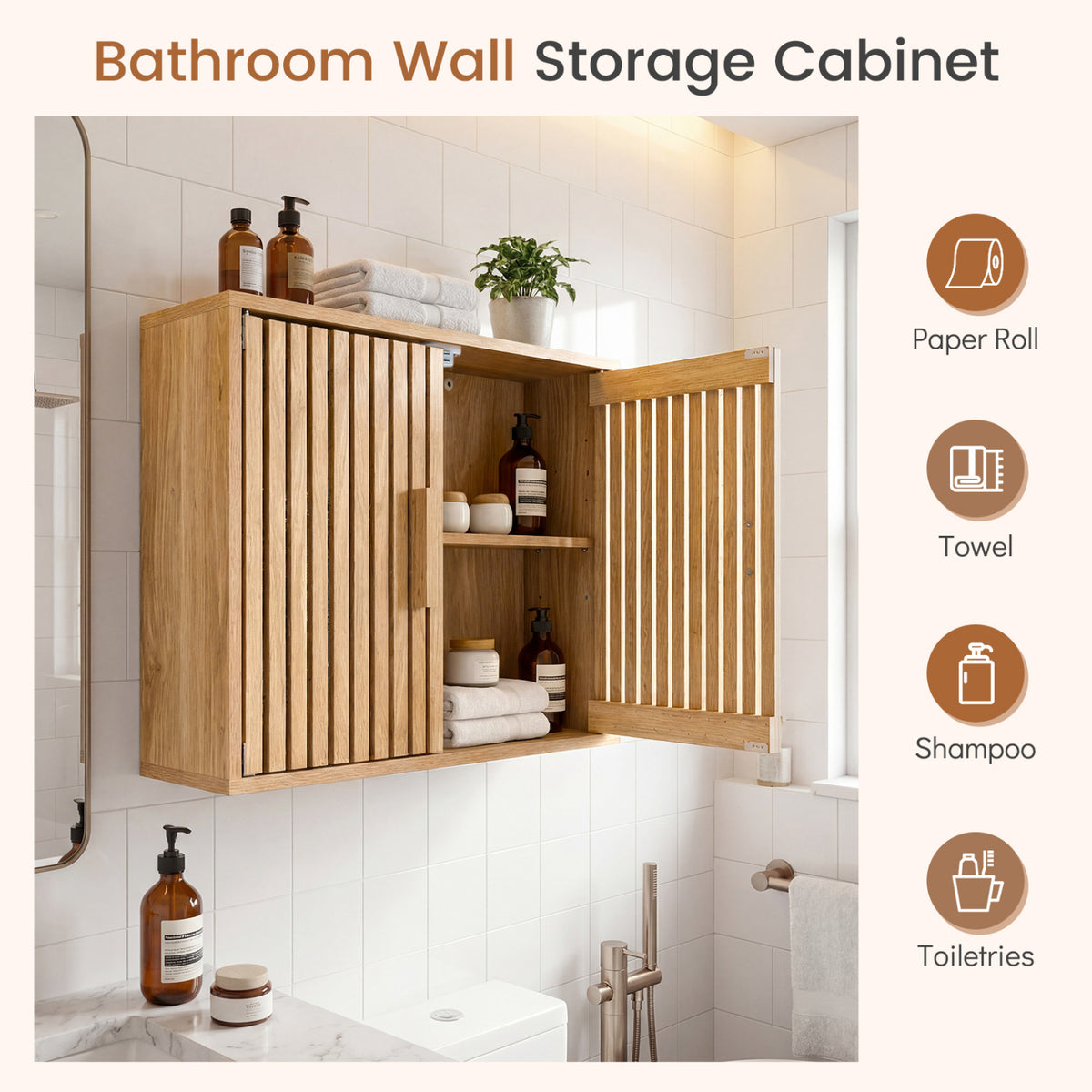 Bathroom Wall Cabinet with 2 Slatted Doors and 3-Level Adjustable Shelves-Natural