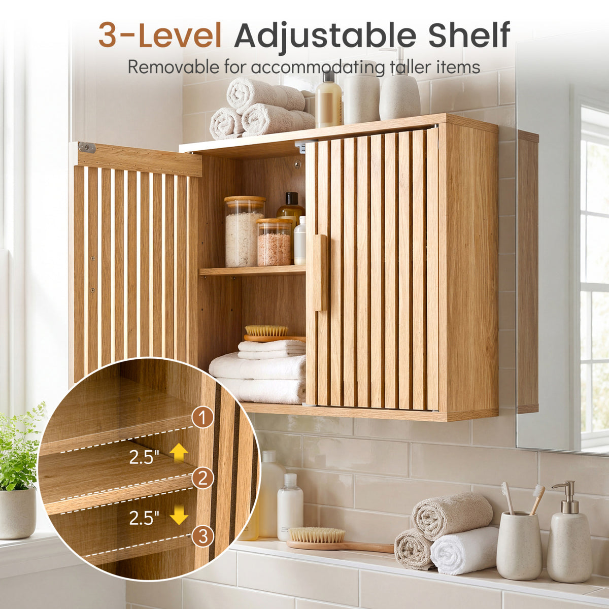 Bathroom Wall Cabinet with 2 Slatted Doors and 3-Level Adjustable Shelves-Natural
