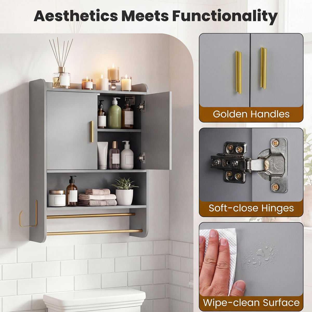 Bathroom Wall Cabinet Wall Mounted Medicine Cabinet with Towel Bars-Grey