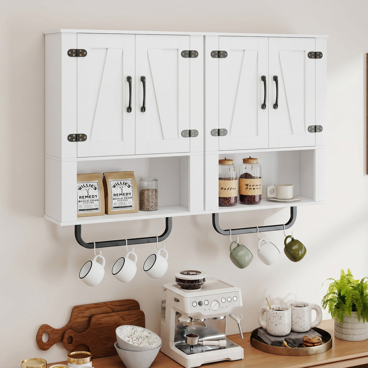 Bathroom Wall Cabinet with 2 Barn Doors and Towel Bar and 3-Tier Wooden Storage-White