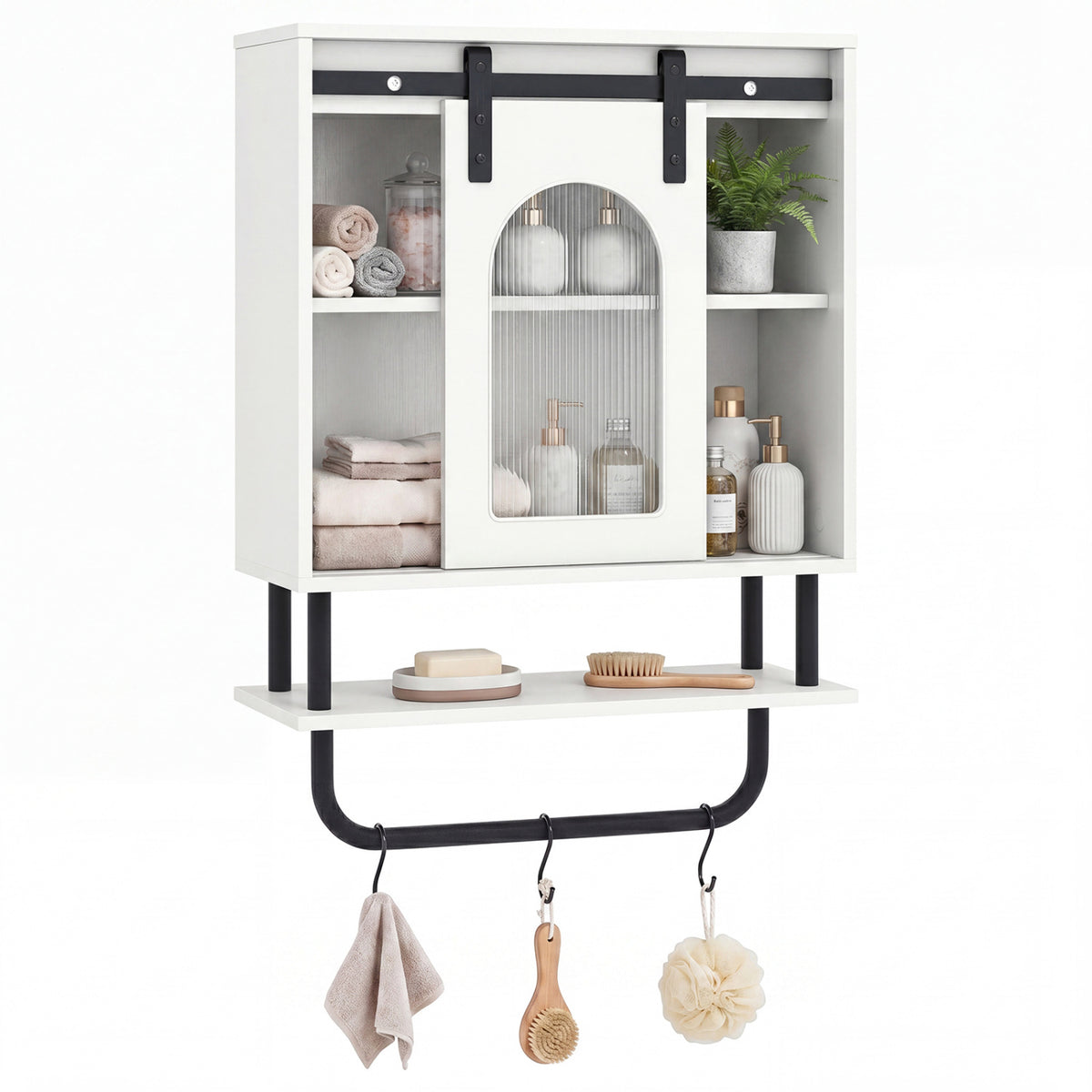 Bathroom Wall Cabinet with Sliding Barn Door and Metal Hanging Bar with 3 Hooks-White