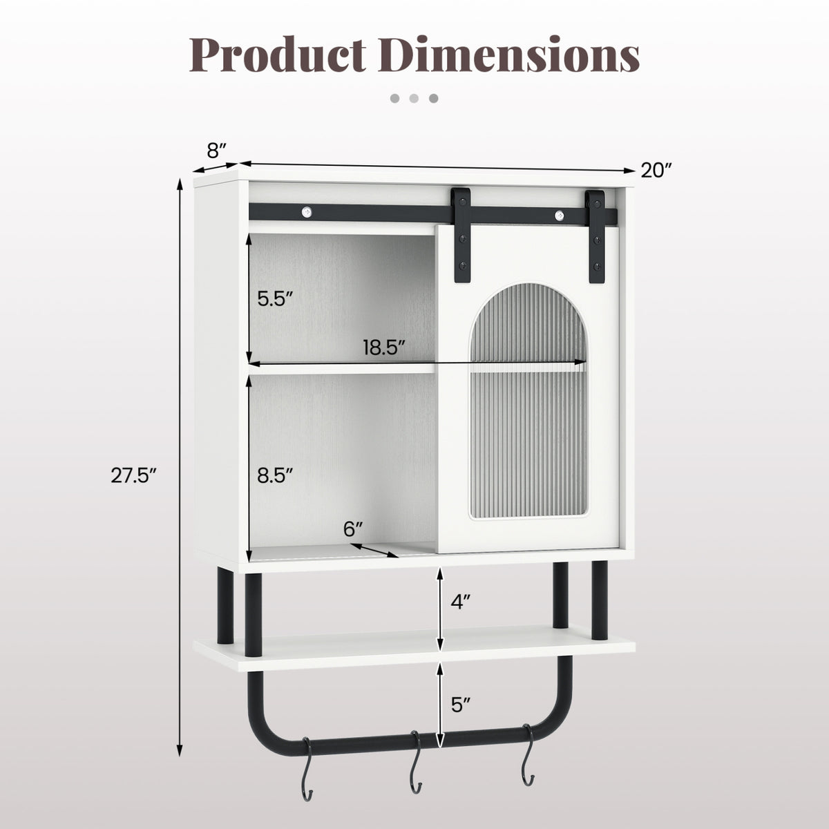 Bathroom Wall Cabinet with Sliding Barn Door and Metal Hanging Bar with 3 Hooks-White