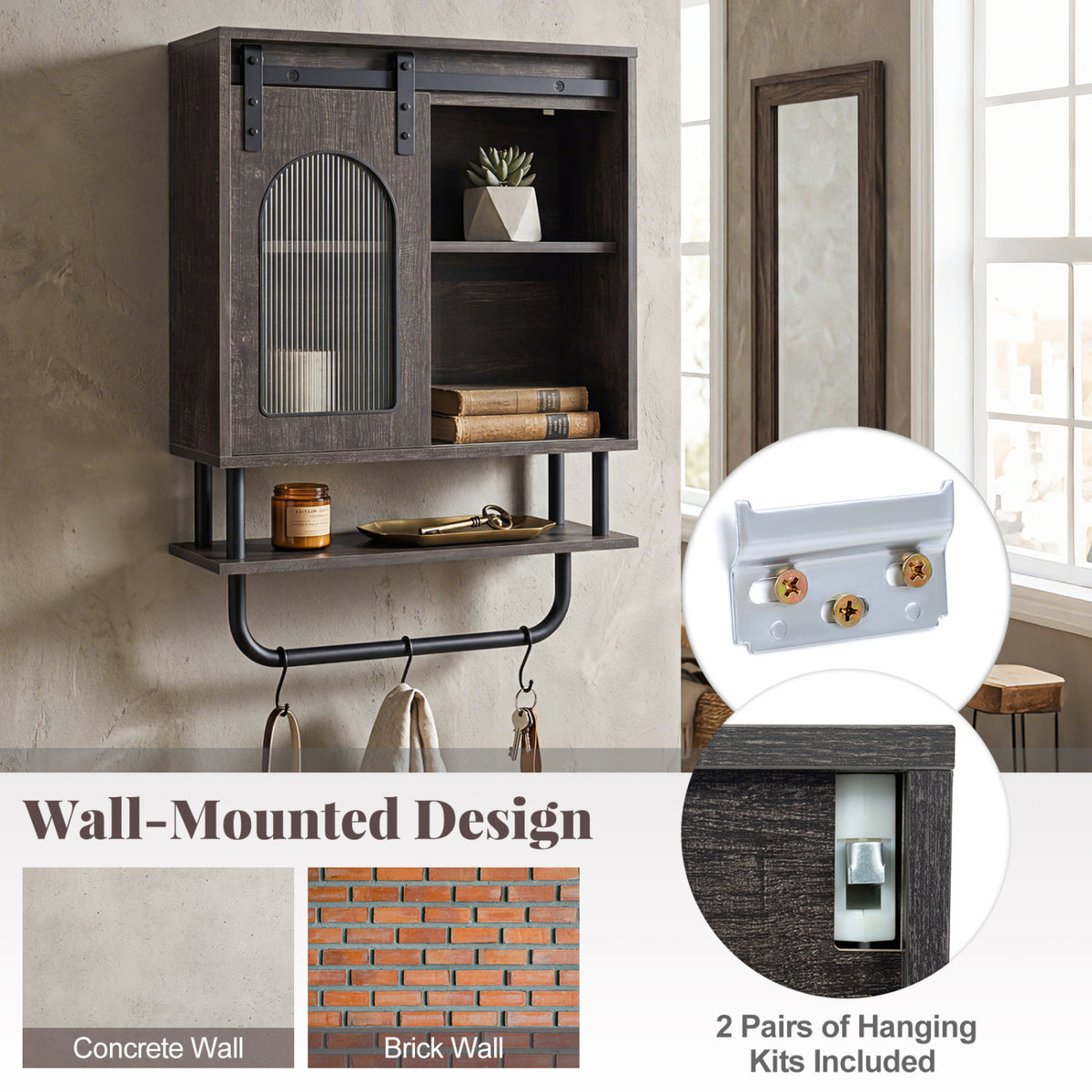 Bathroom Wall Cabinet with Sliding Barn Door and Metal Hanging Bar with 3 Hooks-Black