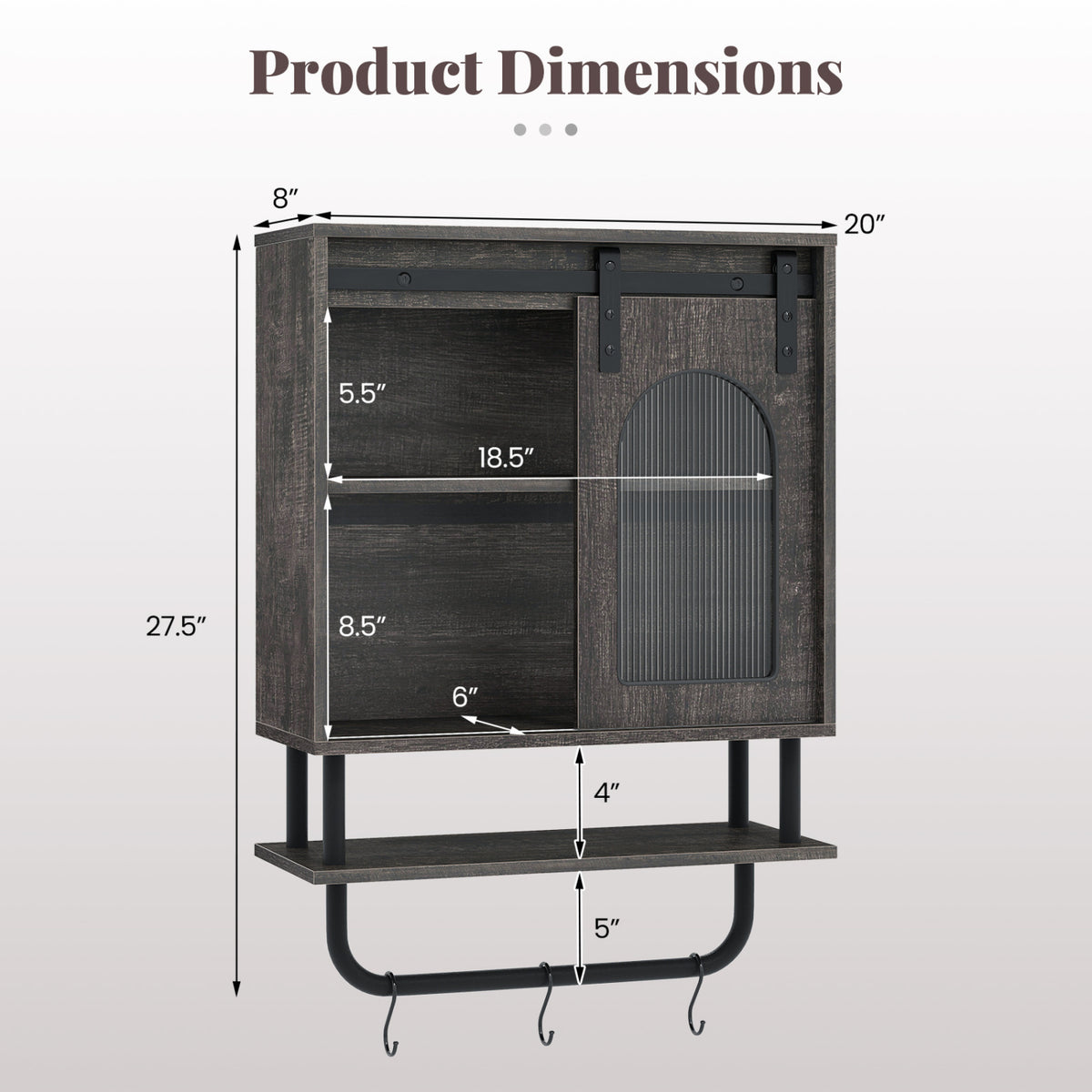Bathroom Wall Cabinet with Sliding Barn Door and Metal Hanging Bar with 3 Hooks-Black