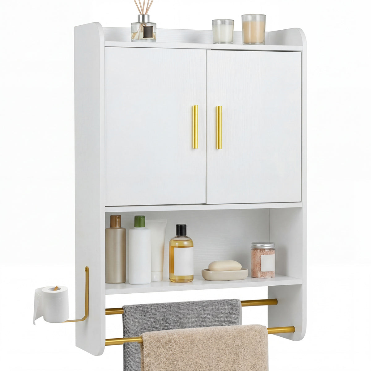 Bathroom Wall Cabinet Wall Mounted Medicine Cabinet with Towel Bars-White