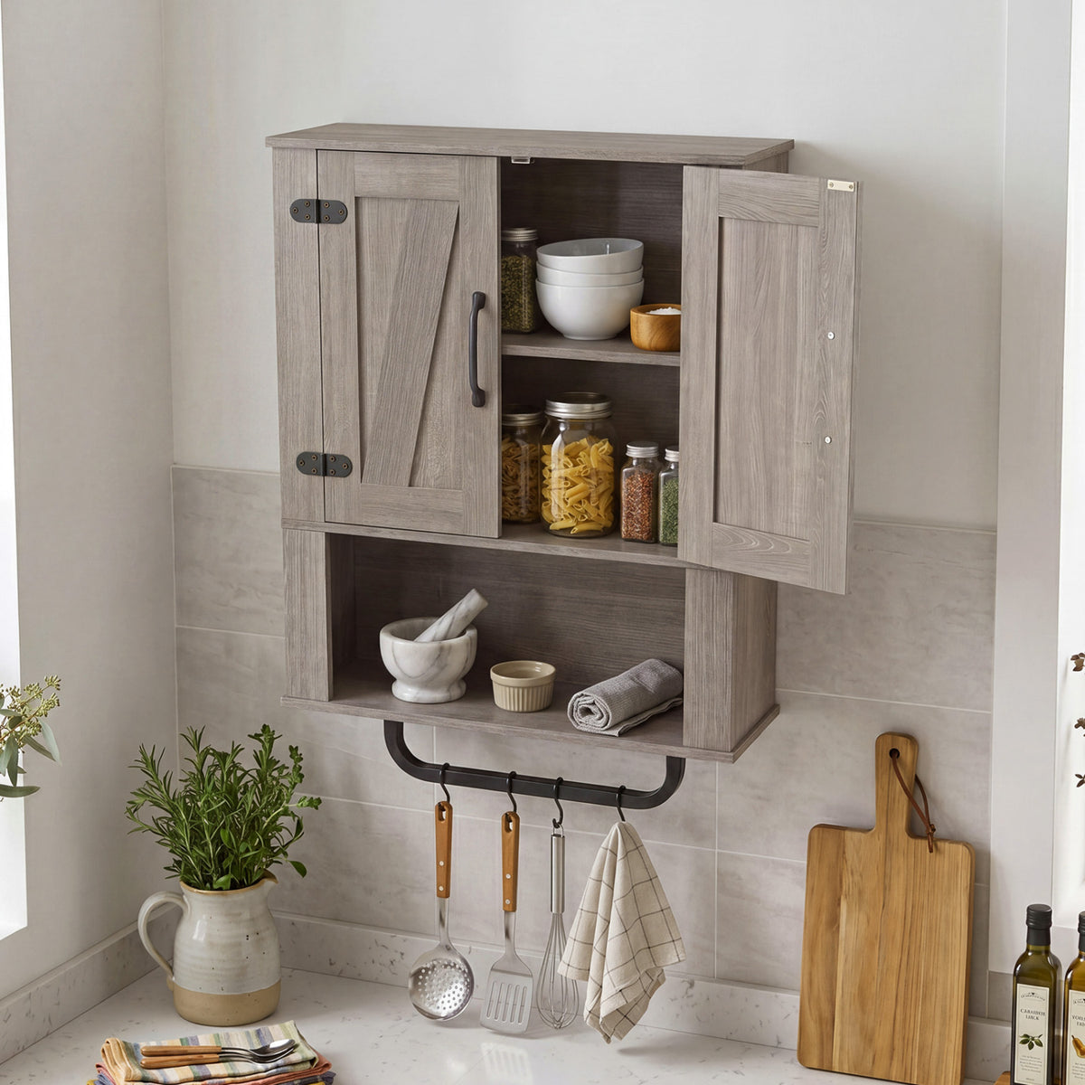 Bathroom Wall Cabinet with 2 Barn Doors and Towel Bar and 3-Tier Wooden Storage-Gray