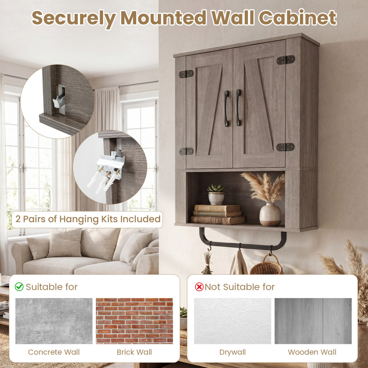 Bathroom Wall Cabinet with 2 Barn Doors and Towel Bar and 3-Tier Wooden Storage-Gray