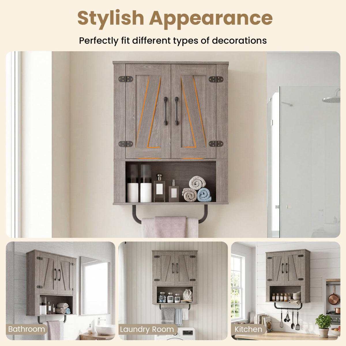 Bathroom Wall Cabinet with 2 Barn Doors and Towel Bar and 3-Tier Wooden Storage-Gray