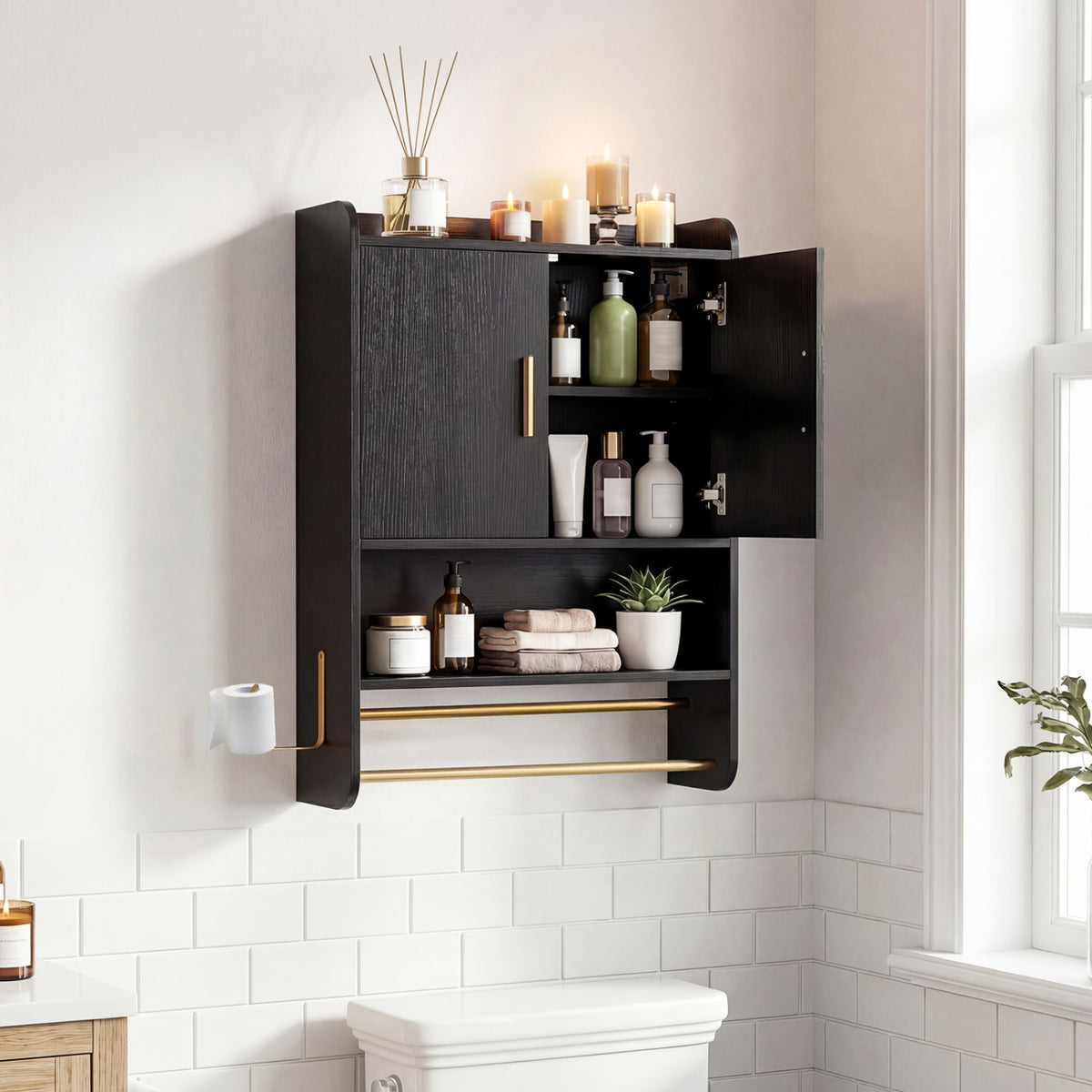 Bathroom Wall Cabinet Wall Mounted Medicine Cabinet with Towel Bars-Black