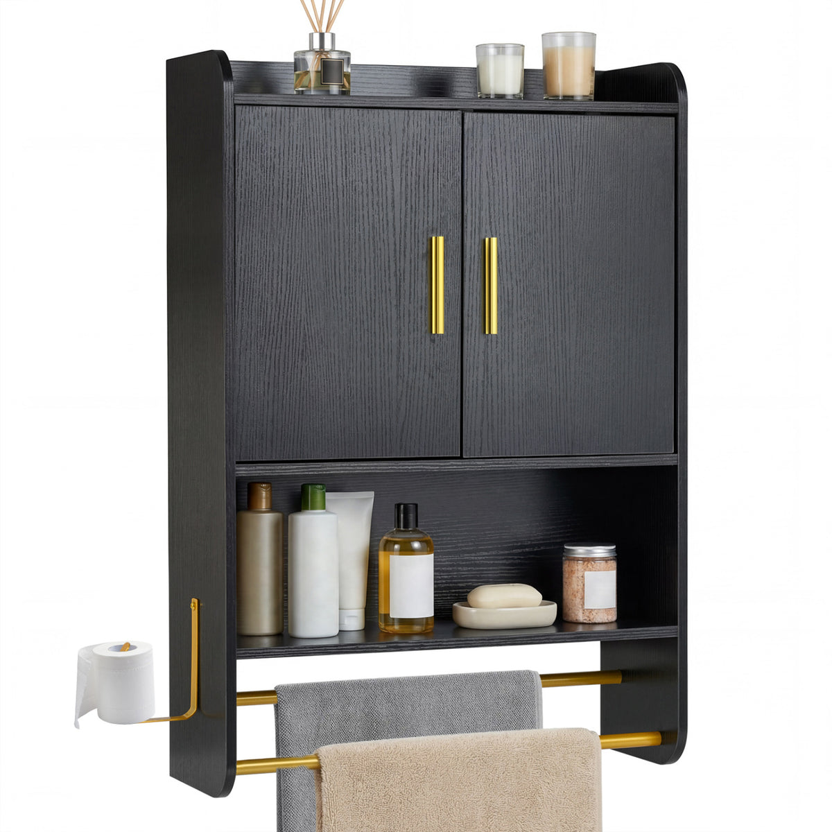Bathroom Wall Cabinet Wall Mounted Medicine Cabinet with Towel Bars-Black