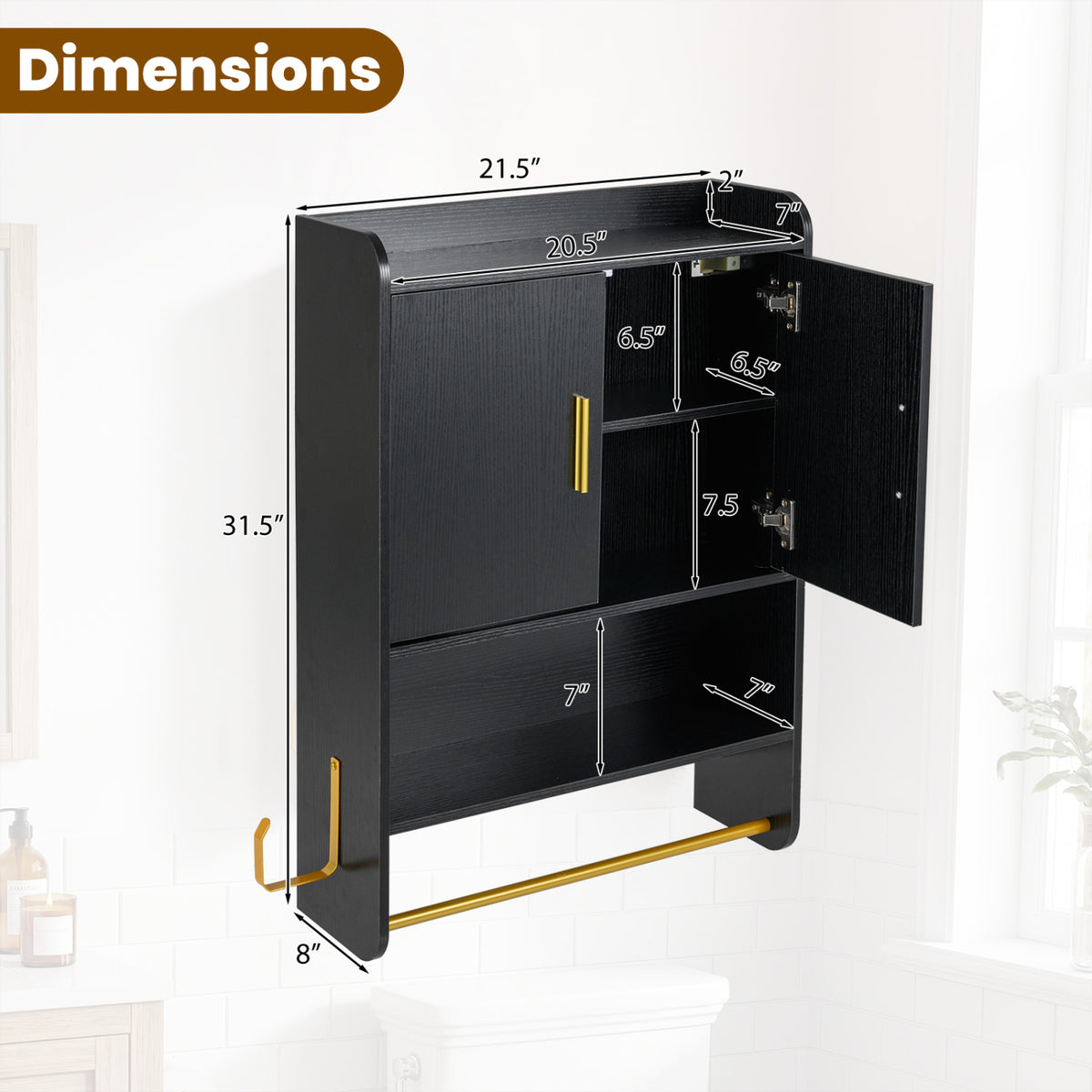 Bathroom Wall Cabinet Wall Mounted Medicine Cabinet with Towel Bars-Black