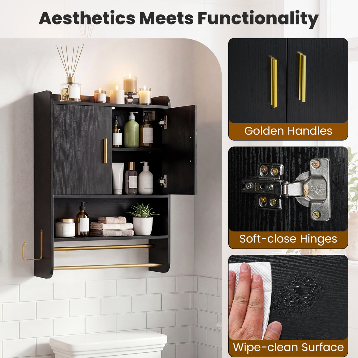 Bathroom Wall Cabinet Wall Mounted Medicine Cabinet with Towel Bars-Black