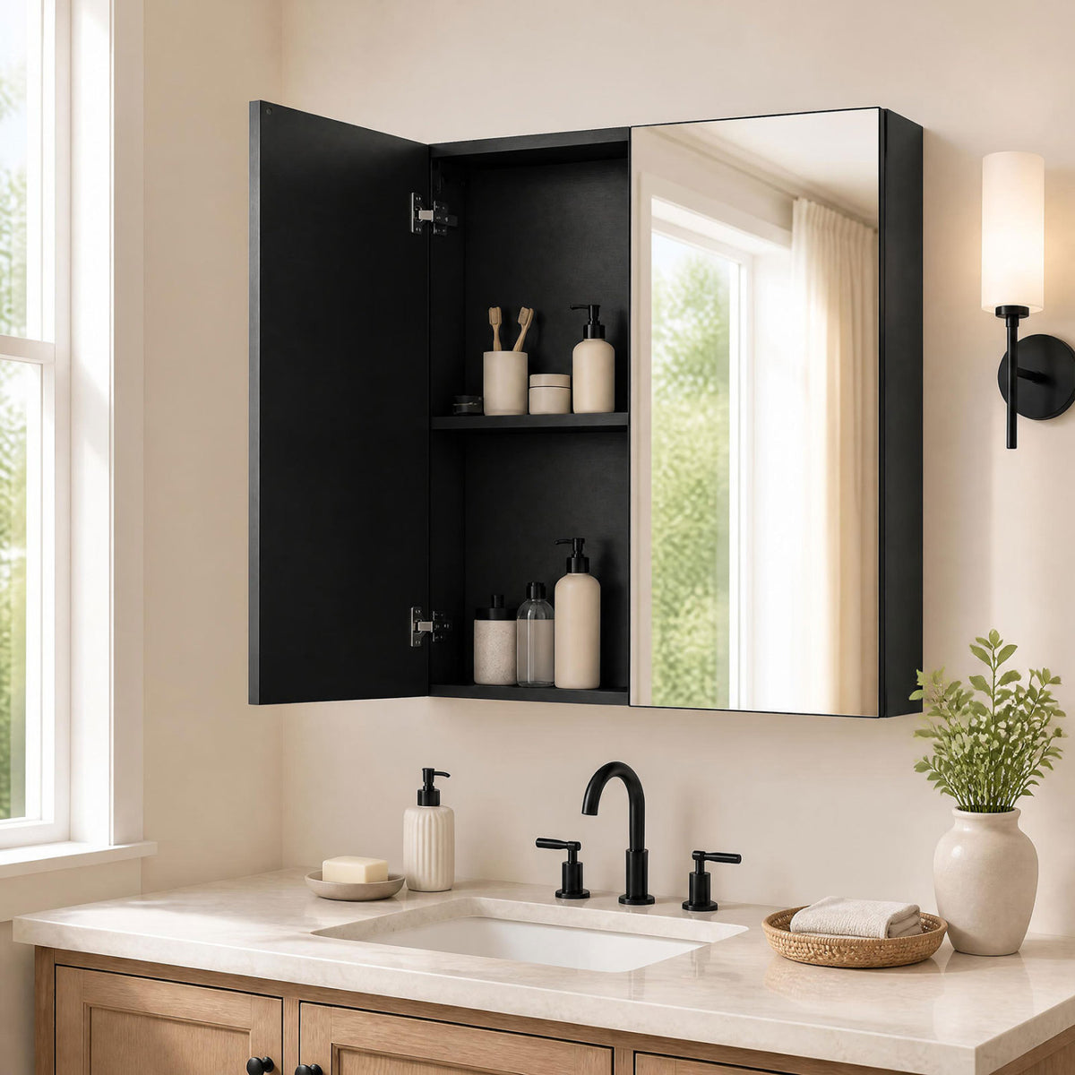 Bathroom Wall Cabinet with 2 Mirrored Doors for Laundry Entryway-Black