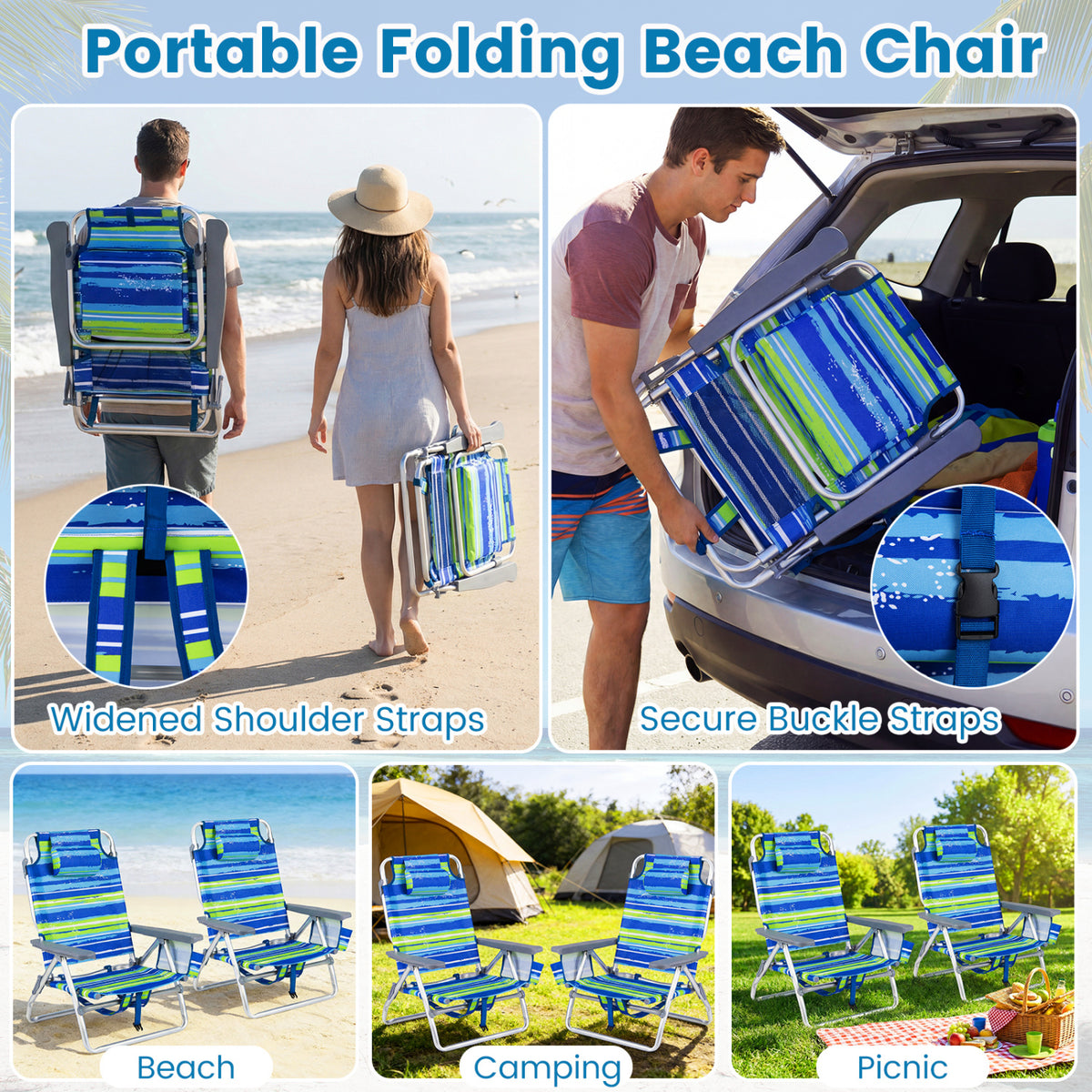 Beach Chairs Set of 2 Portable Folding Backpack Recliners with 5-Position Backrest and Padded Headrest-Blue and Green
