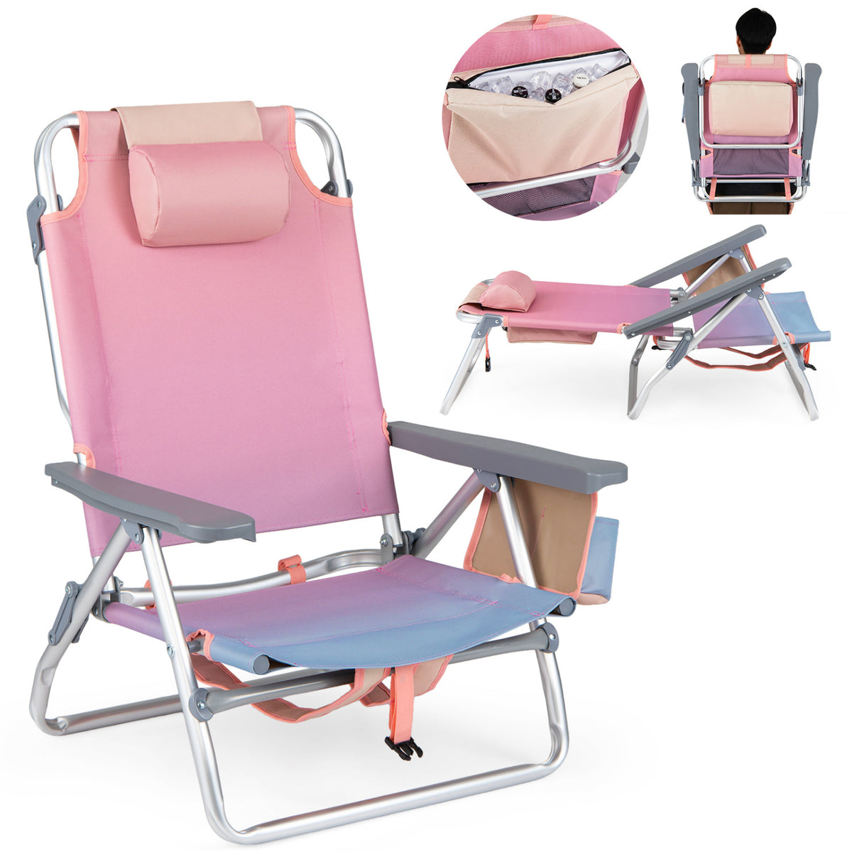 Beach Chairs Set of 2 Portable Folding Backpack Recliners with 5-Position Backrest and Padded Headrest-Gradient Pink