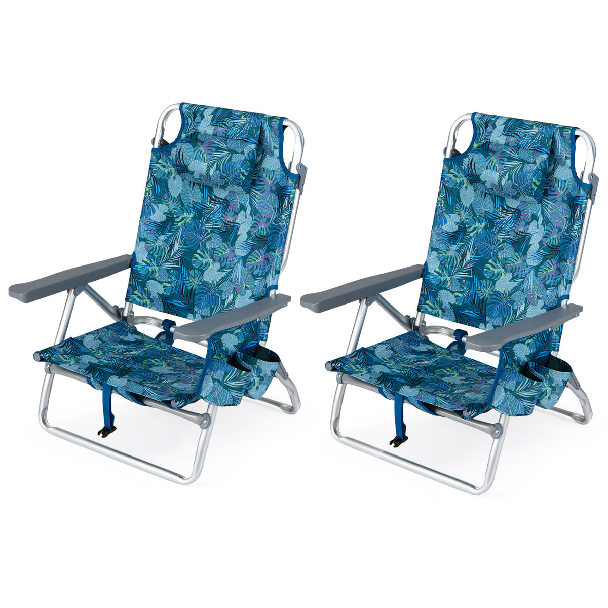 Beach Chairs Set of 2 Portable Folding Backpack Recliners with 5-Position Backrest and Padded Headrest-Peacock Blue