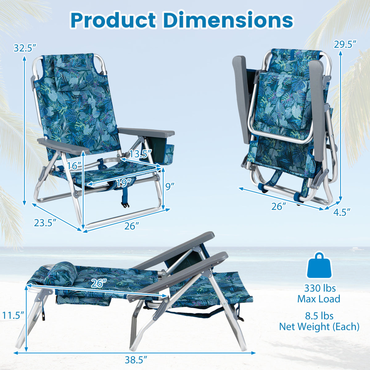 Beach Chairs Set of 2 Portable Folding Backpack Recliners with 5-Position Backrest and Padded Headrest-Peacock Blue