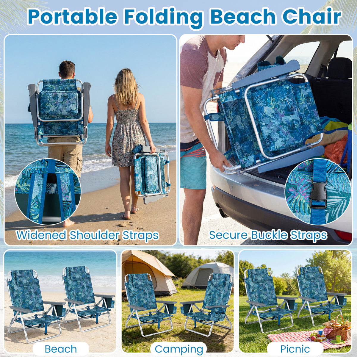 Beach Chairs Set of 2 Portable Folding Backpack Recliners with 5-Position Backrest and Padded Headrest-Peacock Blue