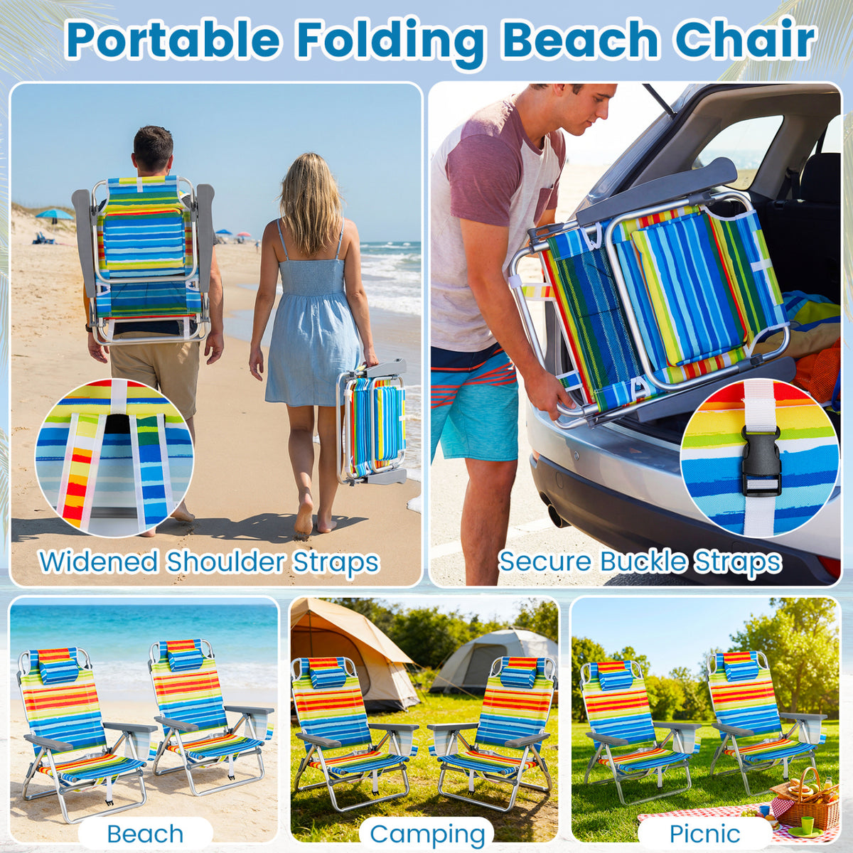 Beach Chairs Set of 2 Portable Folding Backpack Recliners with 5-Position Backrest and Padded Headrest-Yellow