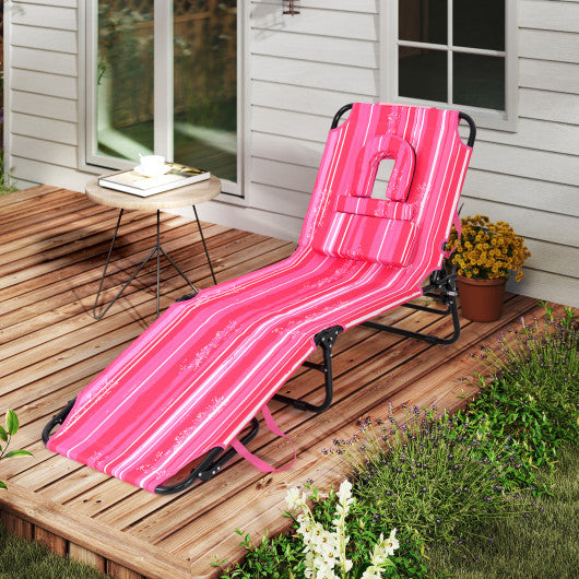 Beach Chaise Lounge Chair with Face Hole and Removable Pillow-Hot Pink