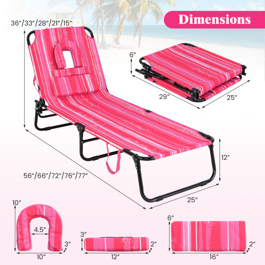 Beach Chaise Lounge Chair with Face Hole and Removable Pillow-Hot Pink