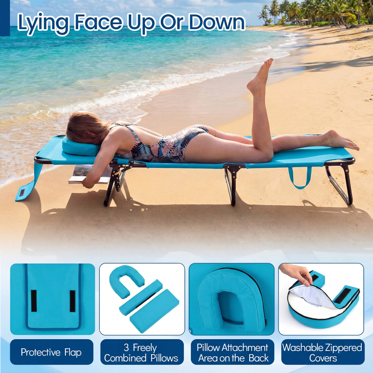 Beach Chaise Lounge Chair with Face Hole and Removable Pillow-Turquoise