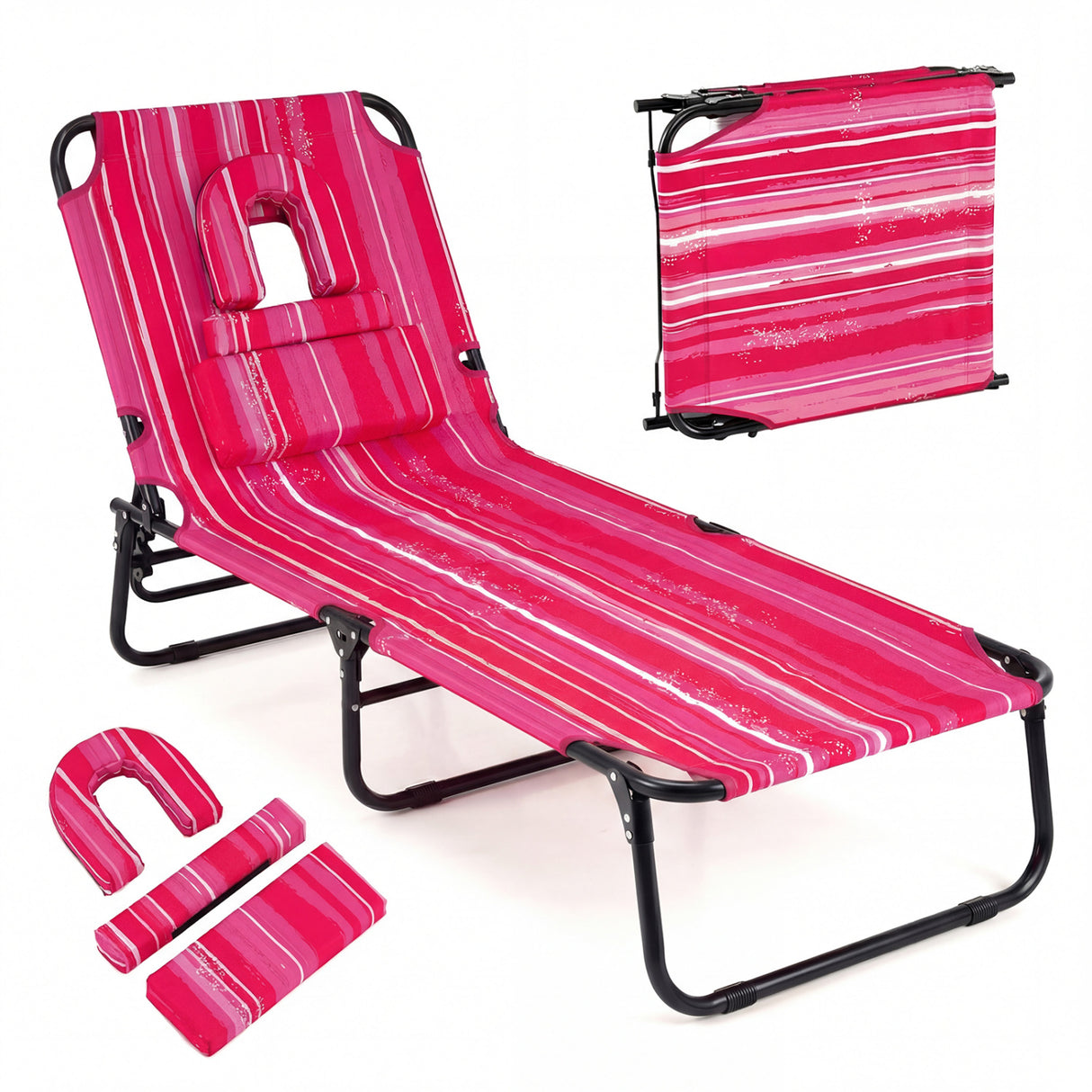 Beach Chaise Lounge Chair with Face Hole and Removable Pillow-Hot Pink