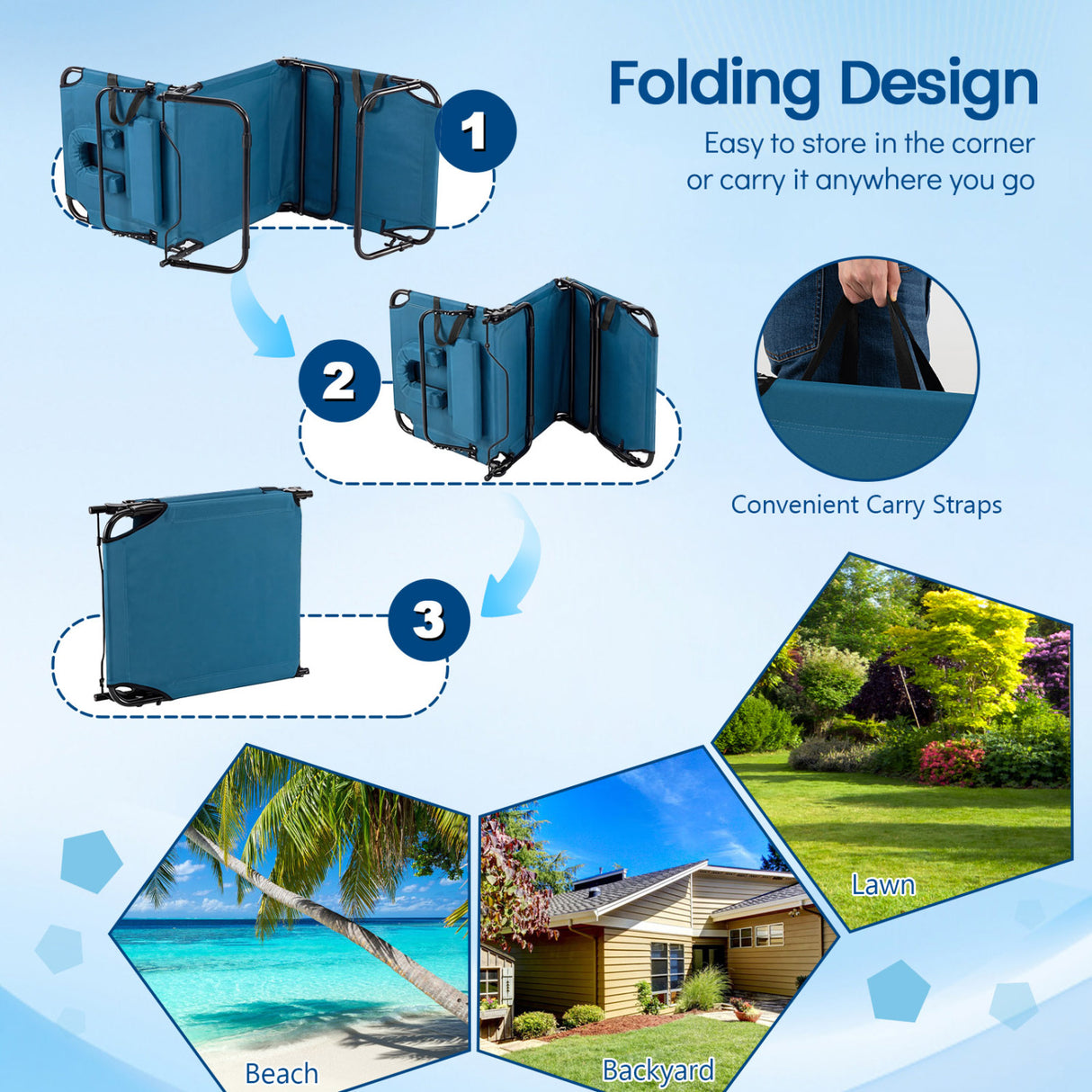 Beach Chaise Lounge Chair with Face Hole and Removable Pillow-Blue