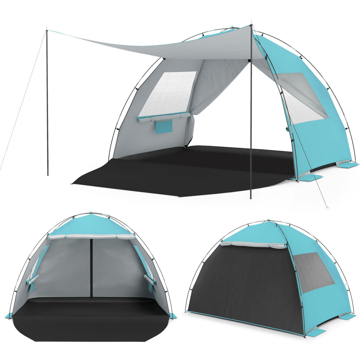 Beach Tent Sun Shelter with Canopy with Extended Floor and Vent Windows-Blue