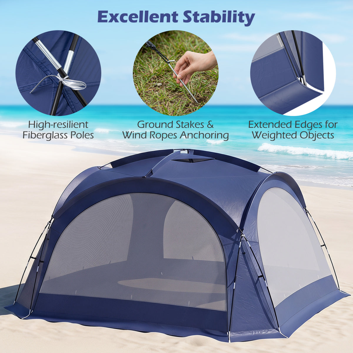Beach Tent for 12-15 People Easy Setup Dome Canopy Tent with 4 Removable Zippered Sidewalls-Blue