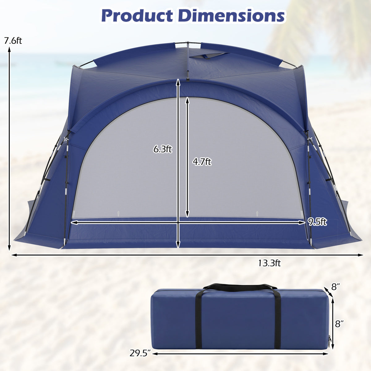 Beach Tent for 12-15 People Easy Setup Dome Canopy Tent with 4 Removable Zippered Sidewalls-Blue