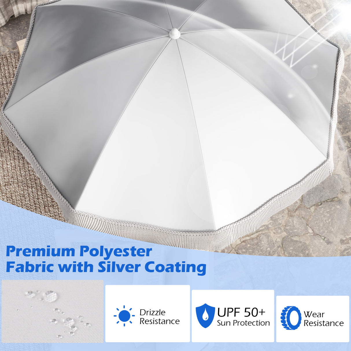 6.5 FT Beach Umbrella with Fringe Outdoor Tassel Umbrella with Push Button Tilt-White