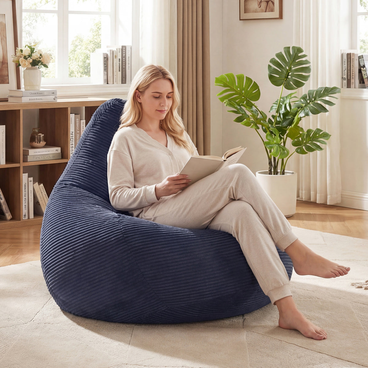 Bean Bag Chair for Adults Accent Lazy Sofa with Skin-friendly Corduroy Cover and Soft Sponge Filling-Blue