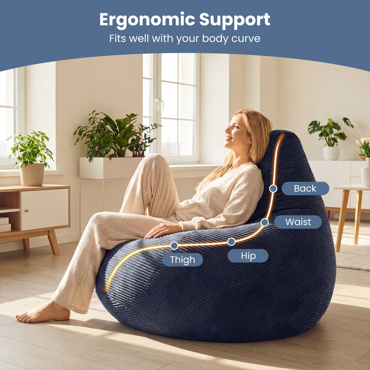 Bean Bag Chair for Adults Accent Lazy Sofa with Skin-friendly Corduroy Cover and Soft Sponge Filling-Blue