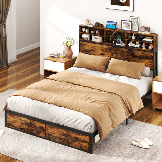 Twin/Full/Queen/King Size Bed Frame with Storage Headboard Industrial Metal Platform Bed-Queen Size