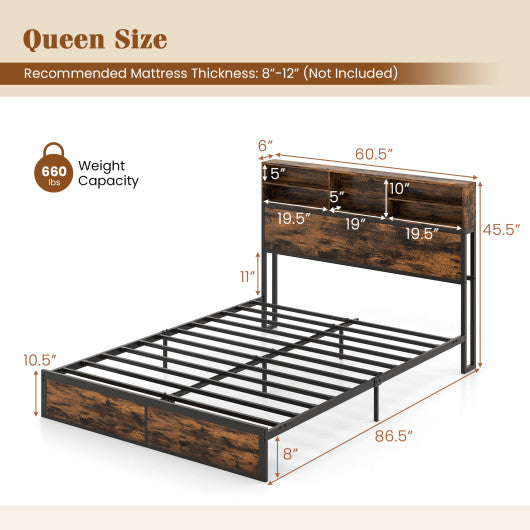Twin/Full/Queen/King Size Bed Frame with Storage Headboard Industrial Metal Platform Bed-Queen Size