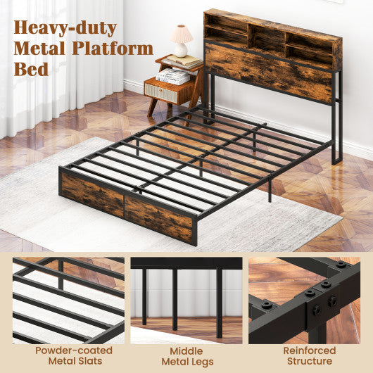 Twin/Full/Queen/King Size Bed Frame with Storage Headboard Industrial Metal Platform Bed-Queen Size