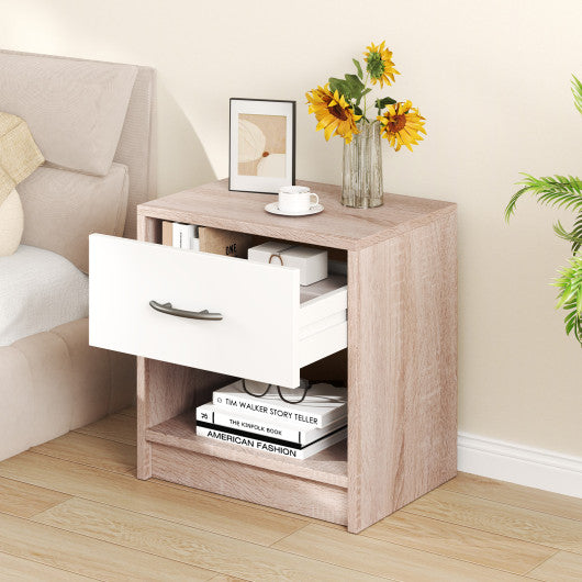 Bedside Table Nightstand with Drawer and Open Storage Shelf-Natural & White